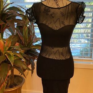 bebe Black Dress with Script Sheer Sleeves